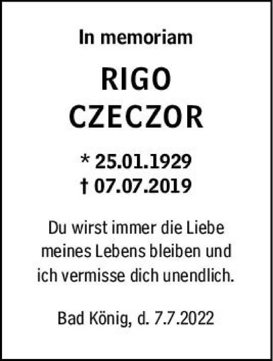 Traueranzeige von Rigo Czeczor von vrm-trauer Odenwälder Echo
