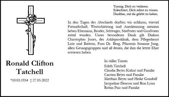 Traueranzeige von Ronald Clifton Tatchell von vrm-trauer AZ Mainz