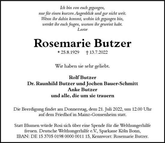 Traueranzeige von Rosemarie Butzer von vrm-trauer AZ Mainz