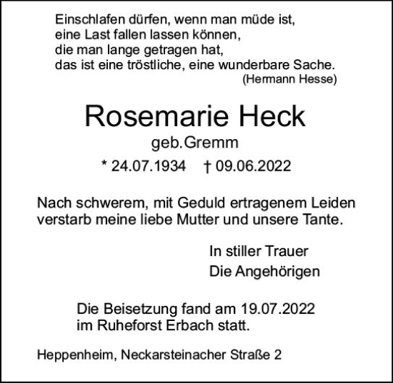 Traueranzeige von Rosemarie Heck von vrm-trauer Bürstädter/Lamperth. Ztg/Starkenburger