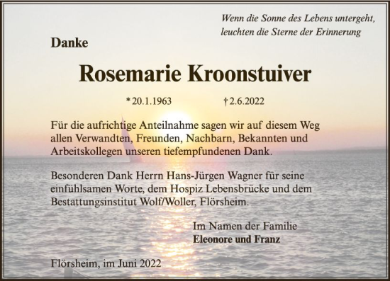 Traueranzeige von Rosemarie Kroonstuiver von vrm-trauer Rüsselsheimer Echo / MainSpitze