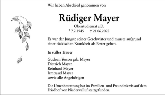 Traueranzeige von Rüdiger Mayer von vrm-trauer Wiesbadener Kurier