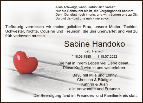 Traueranzeige von Sabine Handoko von vrm-trauer DieburgerAnzeiger/Groß-Zimmerner Lokala