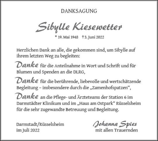 Traueranzeige von Sibylle Kiesewetter von vrm-trauer Rüsselsheimer Echo / MainSpitze