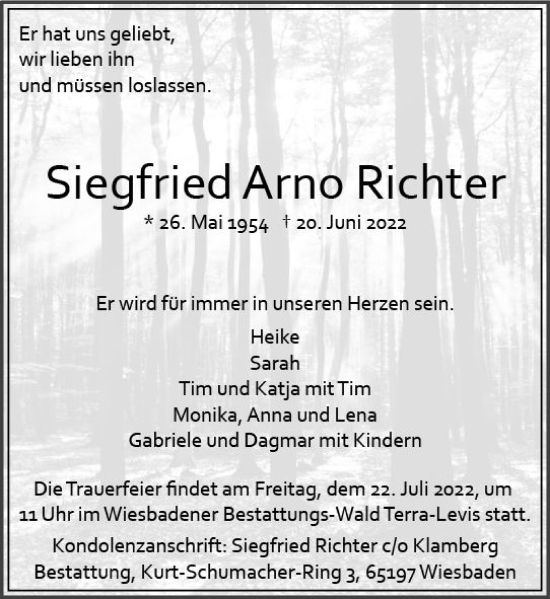 Traueranzeige von Siegfried Arno Richter von vrm-trauer Wiesbadener Kurier