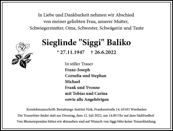 Traueranzeige von Sieglinde Baliko von vrm-trauer Wiesbadener Kurier