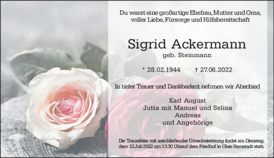 Traueranzeige von Sigrid Ackermann von vrm-trauer Darmstädter Echo