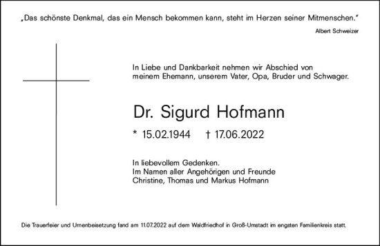 Traueranzeige von Sigurd Hofmann von vrm-trauer Darmstädter Echo