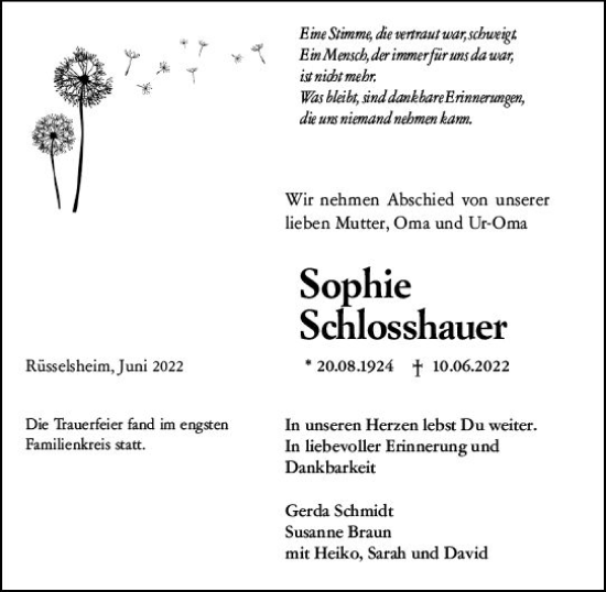 Traueranzeige von Sophie Schlosshauer von vrm-trauer Rüsselsheimer Echo / MainSpitze