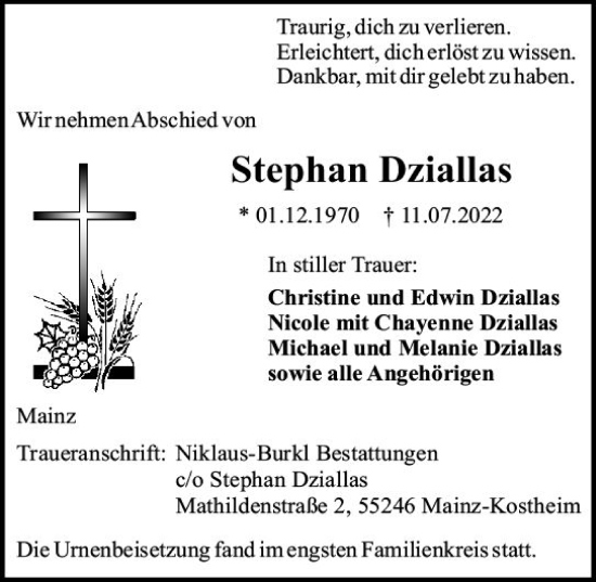 Traueranzeige von Stephan Dziallas von vrm-trauer AZ Mainz