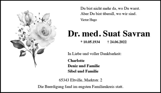 Traueranzeige von Suat Savran von vrm-trauer Rheingau