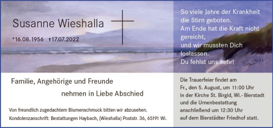 Traueranzeige von Susanne Wieshalla von vrm-trauer Wiesbadener Kurier