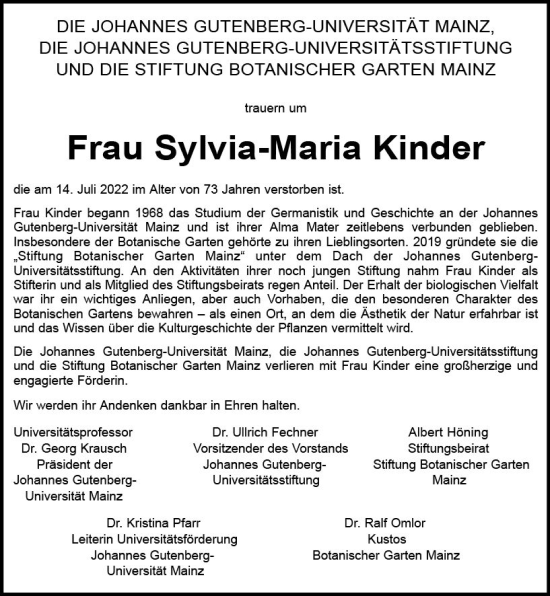 Traueranzeige von Sylvia-Maria Kinder von vrm-trauer AZ Mainz