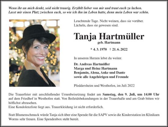 Traueranzeige von Tanja Hartmüller von vrm-trauer Wormser Zeitung