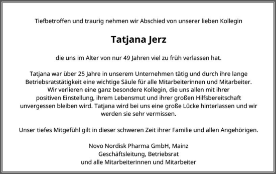 Traueranzeige von Tatjana Jerz von vrm-trauer AZ Mainz