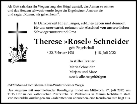 Traueranzeige von Therese Schneider von vrm-trauer AZ Mainz