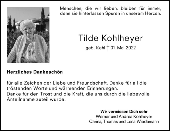Traueranzeige von Tilde Kohlheyer von vrm-trauer Wormser Zeitung