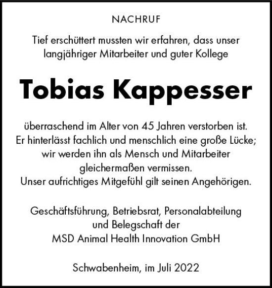 Traueranzeige von Tobias Kappesser von vrm-trauer Allgemeine  Zeitung Ingelheim-Bingen