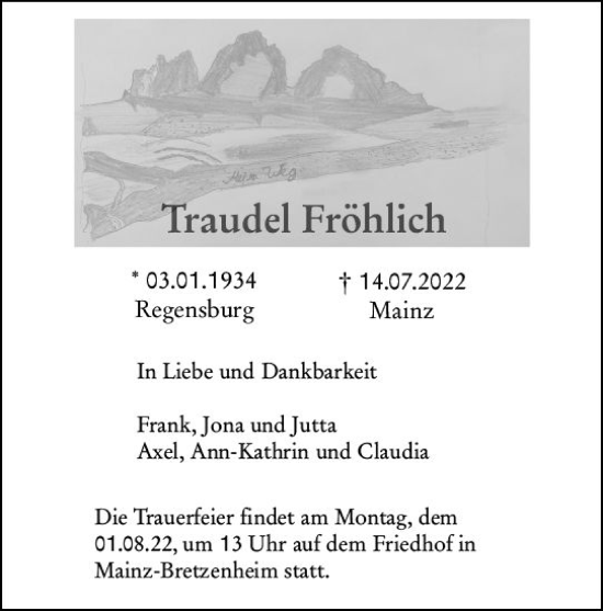 Traueranzeige von Traudel Fröhlich von vrm-trauer AZ Mainz