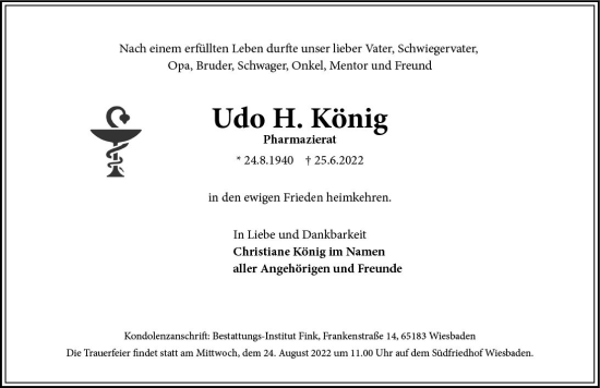 Traueranzeige von Udo H. König von vrm-trauer Wiesbadener Kurier