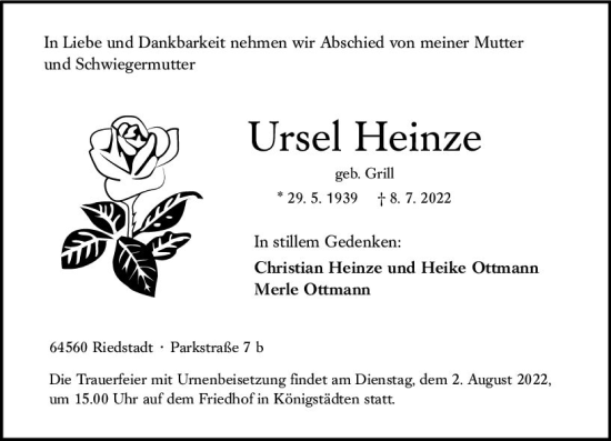 Traueranzeige von Ursel Heinze von vrm-trauer Rüsselsheimer Echo / MainSpitze