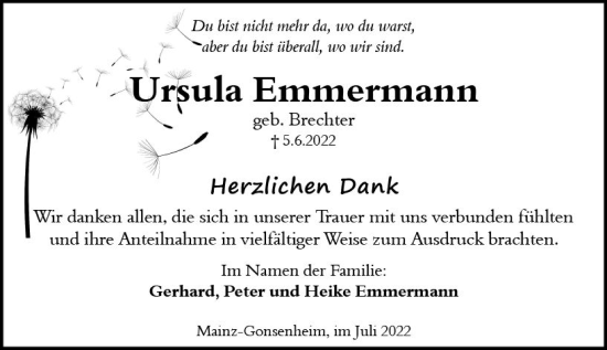Traueranzeige von Ursula Emmermann von vrm-trauer AZ Mainz