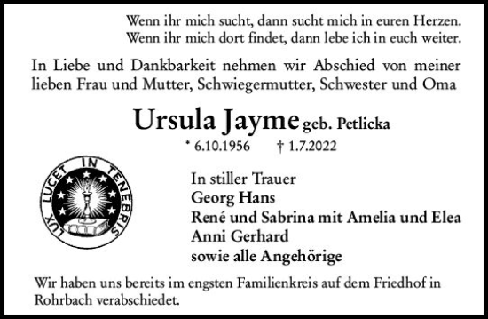 Traueranzeige von Ursula Jayme von vrm-trauer Darmstädter Echo