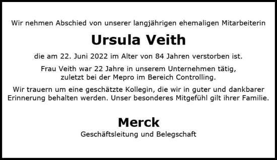 Traueranzeige von Ursula Veith von vrm-trauer Darmstädter Echo