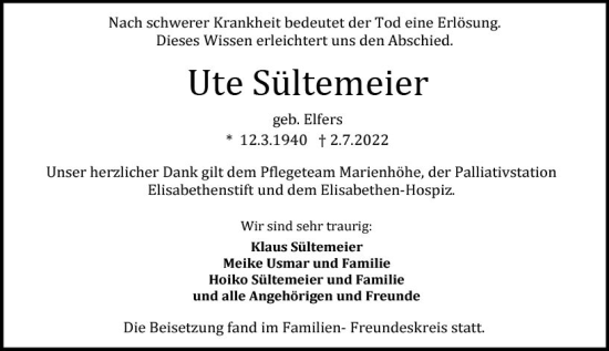Traueranzeige von Ute Sültemeier von vrm-trauer Darmstädter Echo