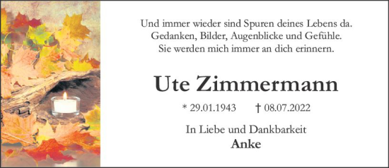 Traueranzeige von Ute Zimmermann von vrm-trauer Wiesbadener Kurier