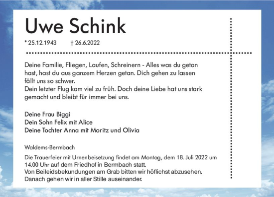 Traueranzeige von Uwe Schink von vrm-trauer Idsteiner Zeitung