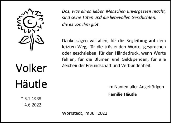 Traueranzeige von Volker Häutle von vrm-trauer Allgemeine Zeitung Alzey