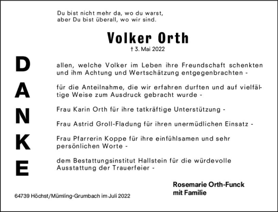 Traueranzeige von Volker Orth von vrm-trauer Odenwälder Echo