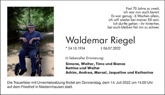 Traueranzeige von Waldemar Riegel von vrm-trauer Darmstädter Echo