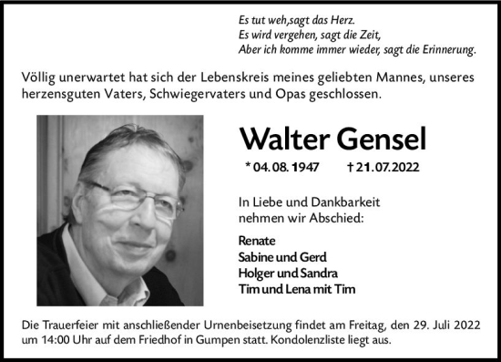 Traueranzeige von Walter Gensel von vrm-trauer Odenwälder Echo