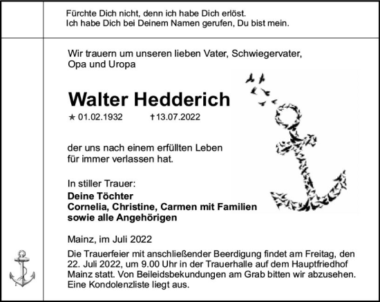 Traueranzeige von Walter Hedderich von vrm-trauer AZ Mainz