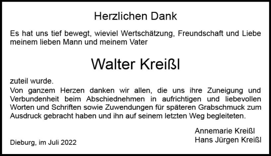 Traueranzeige von Walter Kreißl von vrm-trauer DieburgerAnzeiger/Groß-Zimmerner Lokala
