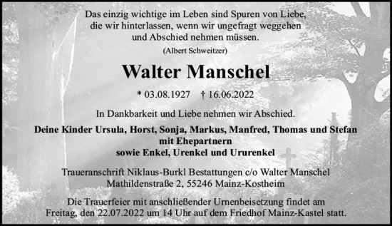Traueranzeige von Walter Manschel von vrm-trauer AZ Mainz