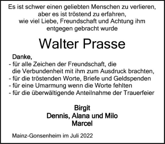 Traueranzeige von Walter Prasse von vrm-trauer AZ Mainz