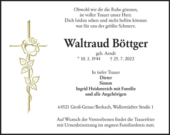 Traueranzeige von Waltraud Böttger von vrm-trauer Groß-Gerauer Echo