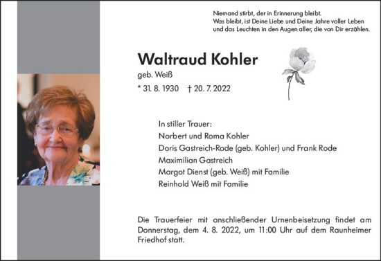 Traueranzeige von Waltraud Kohler von vrm-trauer Rüsselsheimer Echo / MainSpitze