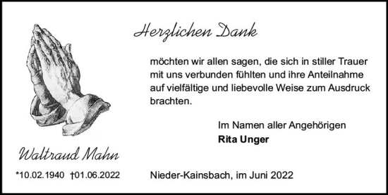 Traueranzeige von Waltraud Mahn von vrm-trauer Odenwälder Echo