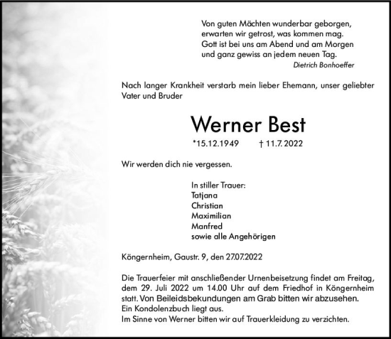 Traueranzeige von Werner Best von vrm-trauer Allgemeine Zeitung Alzey