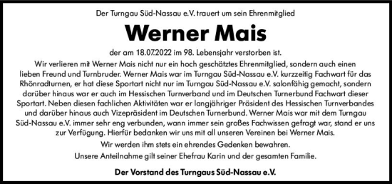 Traueranzeige von Werner Mais von vrm-trauer Wiesbadener Kurier