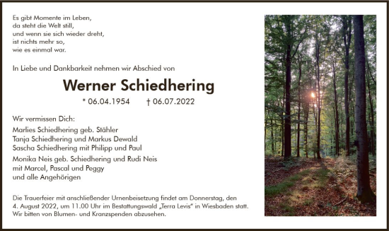 Traueranzeige von Werner Schiedhering von vrm-trauer Wiesbadener Kurier