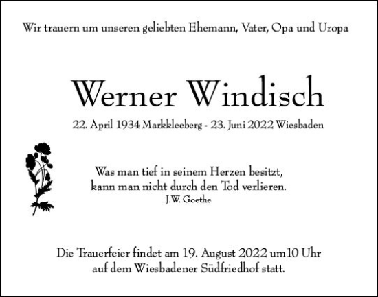 Traueranzeige von Werner Windisch von vrm-trauer Wiesbadener Kurier
