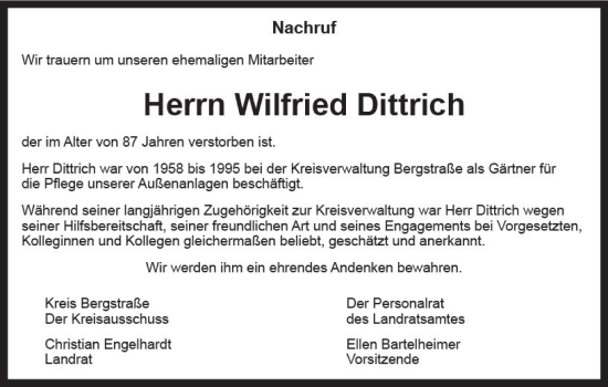 Traueranzeige von Wilfried Dittrich von vrm-trauer Bürstädter/Lamperth. Ztg/Starkenburger