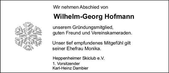 Traueranzeige von Wilhelm-Georg Hofmann von vrm-trauer Bergsträßer Anzeiger