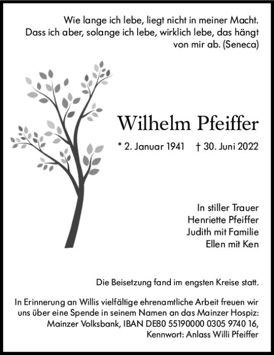 Traueranzeige von Wilhelm Pfeiffer von vrm-trauer AZ Mainz