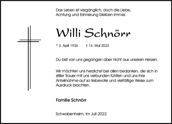 Traueranzeige von Willi Scnörr von vrm-trauer Allgemeine  Zeitung Ingelheim-Bingen
